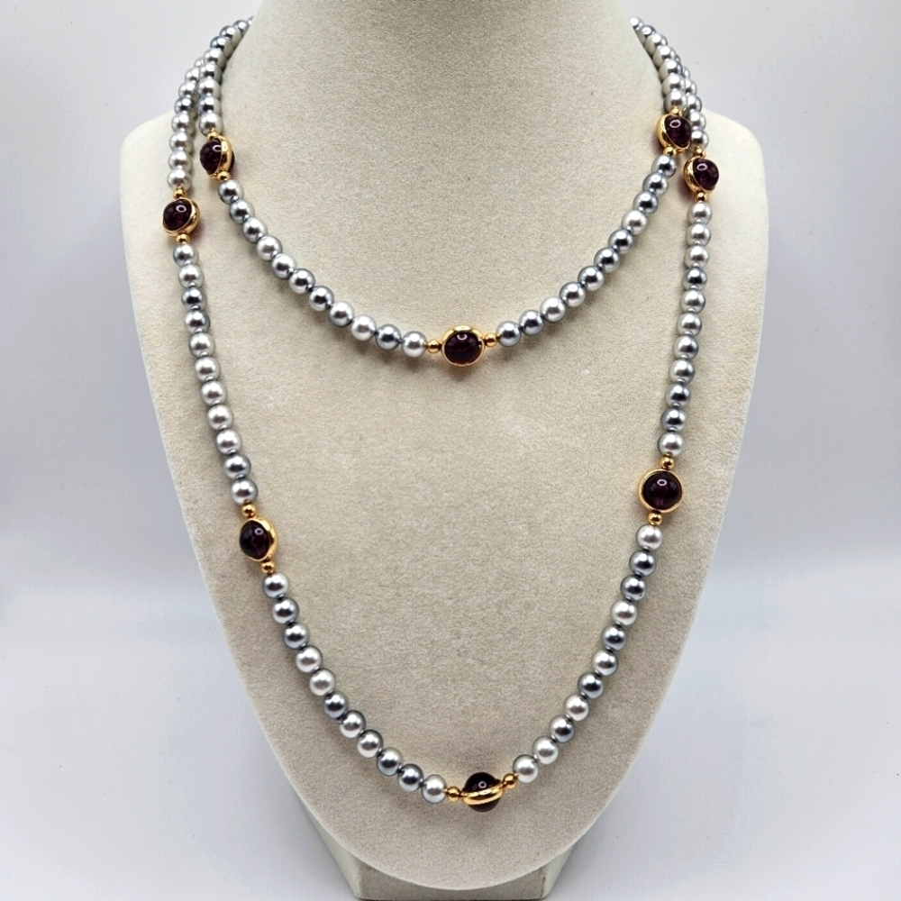 VINTAGE Gray Ombre and Purple Plastic Beaded Long Strand 36" Necklace